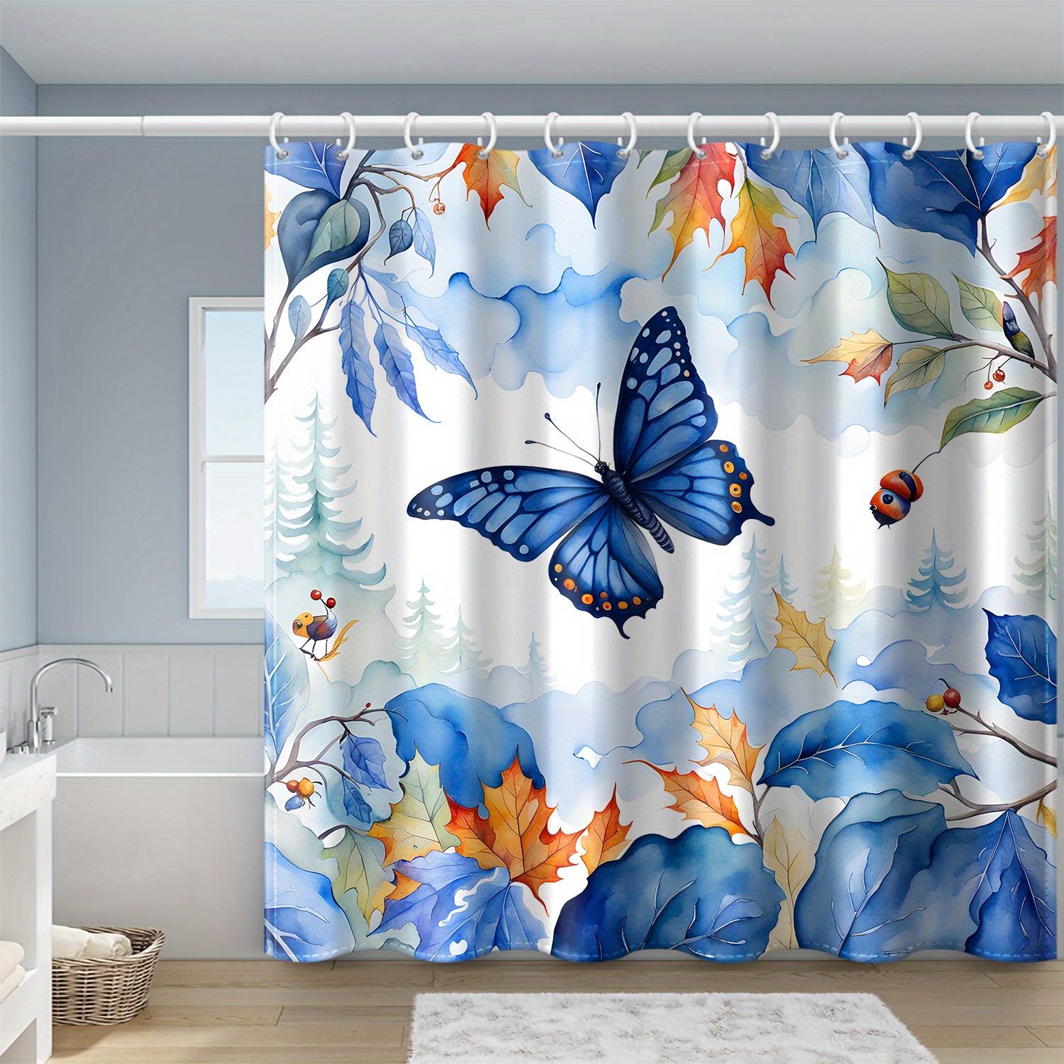 

1Pc Blue Butterfly Insect Maple Leaf Autumn Print Shower Curtain, Polyester Fabric, With Hook, Universal For All Seasons W60H190(CM)-1 Pcs