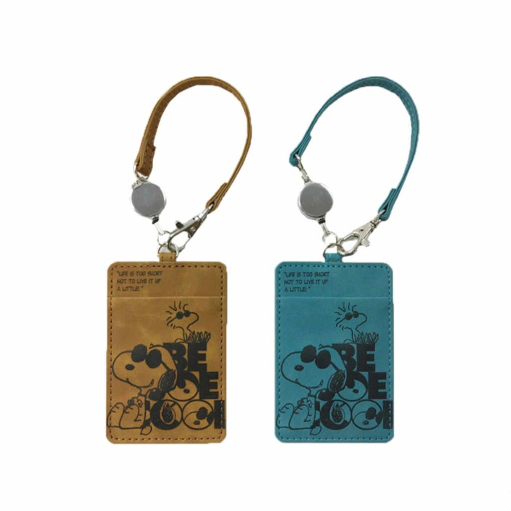SNOOPY Pass Case with Reel Stylish Faux Cute Embossed Joe Cool IC Card Case Strap, Leather, Design, Blue,