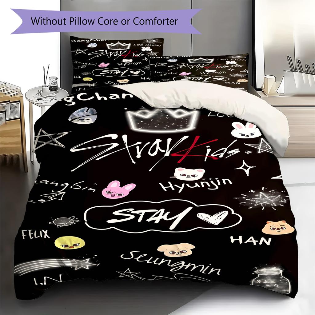 Literie à motif SKZ, Ensemble couette Housse de couette Taie d'oreiller Cadeau d'anniversaire pour la maison (1 housse de couette + 2 taies d'oreiller, sans garniture.)
