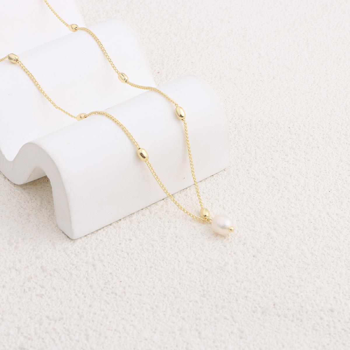 

Natural freshwater pearl necklace, niche design, simple stacked rice grain collarbone chain, high-end 14K gold necklace