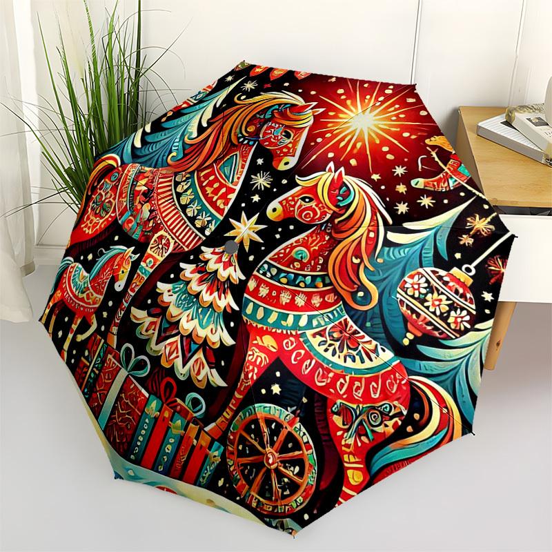 1pc Christmas Horse Decorative Automatic Opening Folding Umbrella with 8-Rib Iron Frame, Suitable for Fans, Travel, Daily Use, Gift for Outdoor Enthus