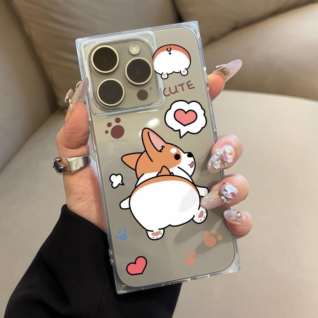 Square Back Tube Protection Clear Case For iPhone 12 11 16 ProMax 14 Pro Max 13 15 Plus Anti-Oxygen,Love Dog Pattern Casing