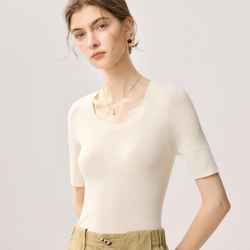 Womens 100% Wool Short Sleeve Sweater Slim Fit Round Neck Thin Knit Top