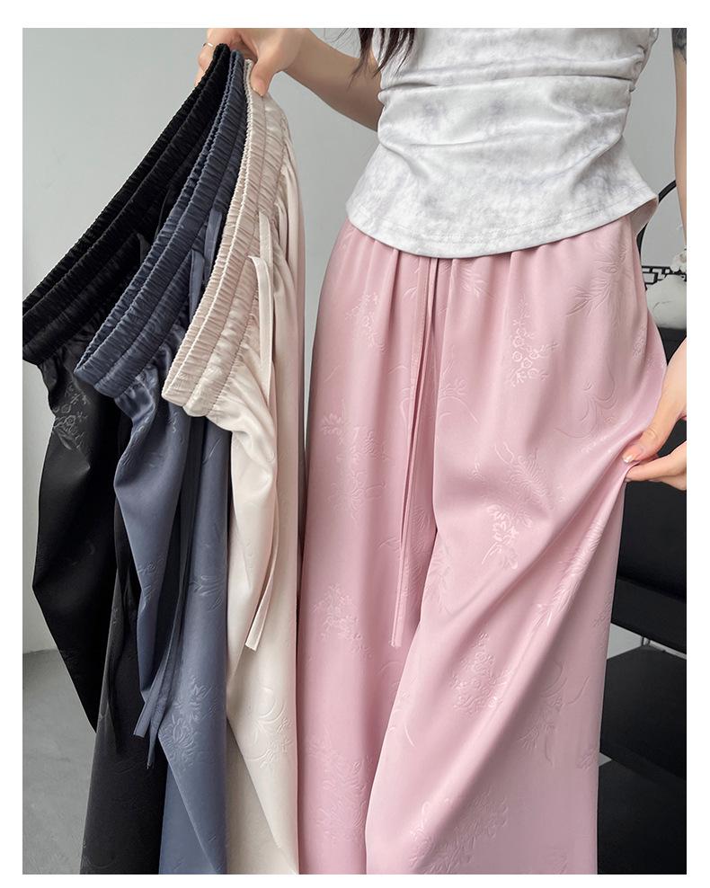 Spring 2025 New Chinese Jacquard Satin Wide-Leg Ice Silk Pants – Women's Popular Casual Style