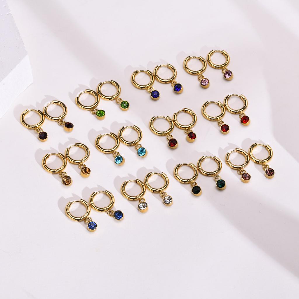 12 Colors Birthstone Huggie Earrings for Women, PVD Gold Color Tone Stainless Steel Brilliant AAA Cubic Zirconia Dangle Ear Clip