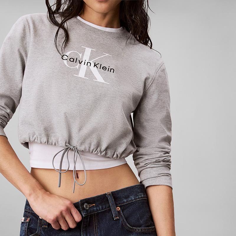 Calvin Klein Jeans Classic Letter Drawstring Hem Cotton Slim Fit Long Sleeve T-Shirt Women tops 47H262G