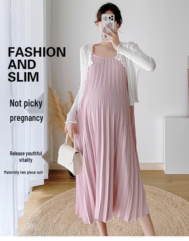 Versatile Plus Size Pleated Maternity Two-Piece Slip Dress