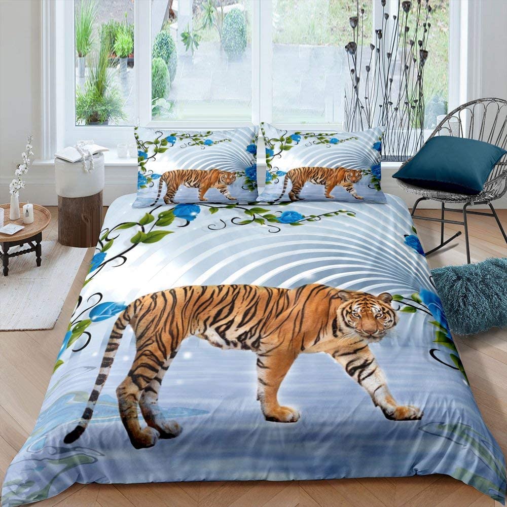 Tiger Wild Animals Duvet Cover Set King Of The Forest Pattern Polyester Comforter Cover King Queen Full Size For Kids Boys Girls