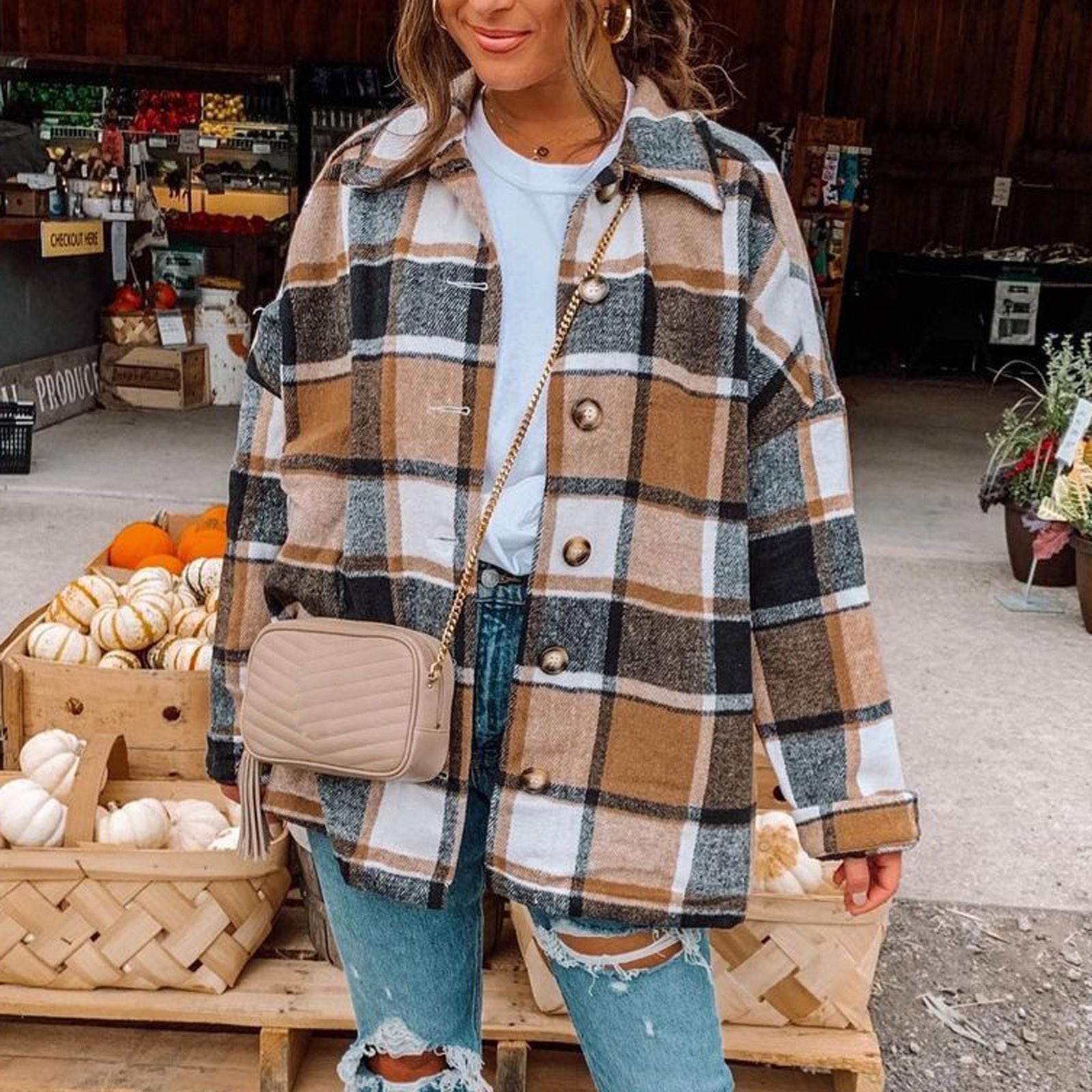 

Женская мода с решетчатыми лацканами и пуговицами повседневное свободное пальто с длинным рукавом XXXL коричневый