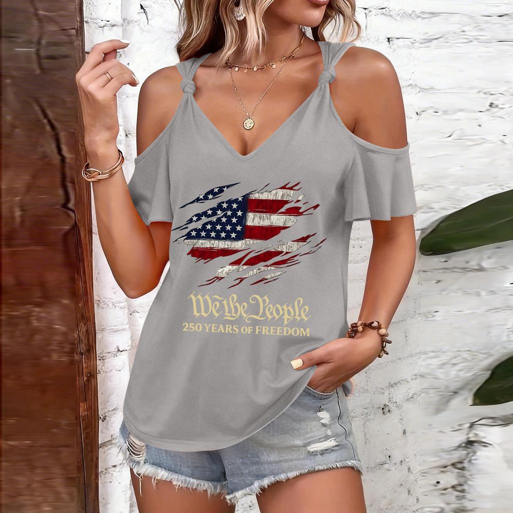 T-shirt décontracté pour femme à épaules dénudées et bretelles à nouer, manches courtes, col en V, imprimé drapeau américain, haut léger d'été