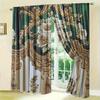 2pcs Elegant Gold Floral Print Polyester Curtains with Green & Gold Damask Design  for Bedroom  Living Room  Kitchen & Office Decor