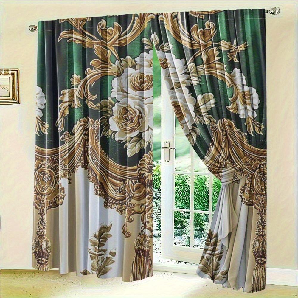2pcs Elegant Gold Floral Print Polyester Curtains with Green & Gold Damask Design  for Bedroom  Living Room  Kitchen & Office Decor