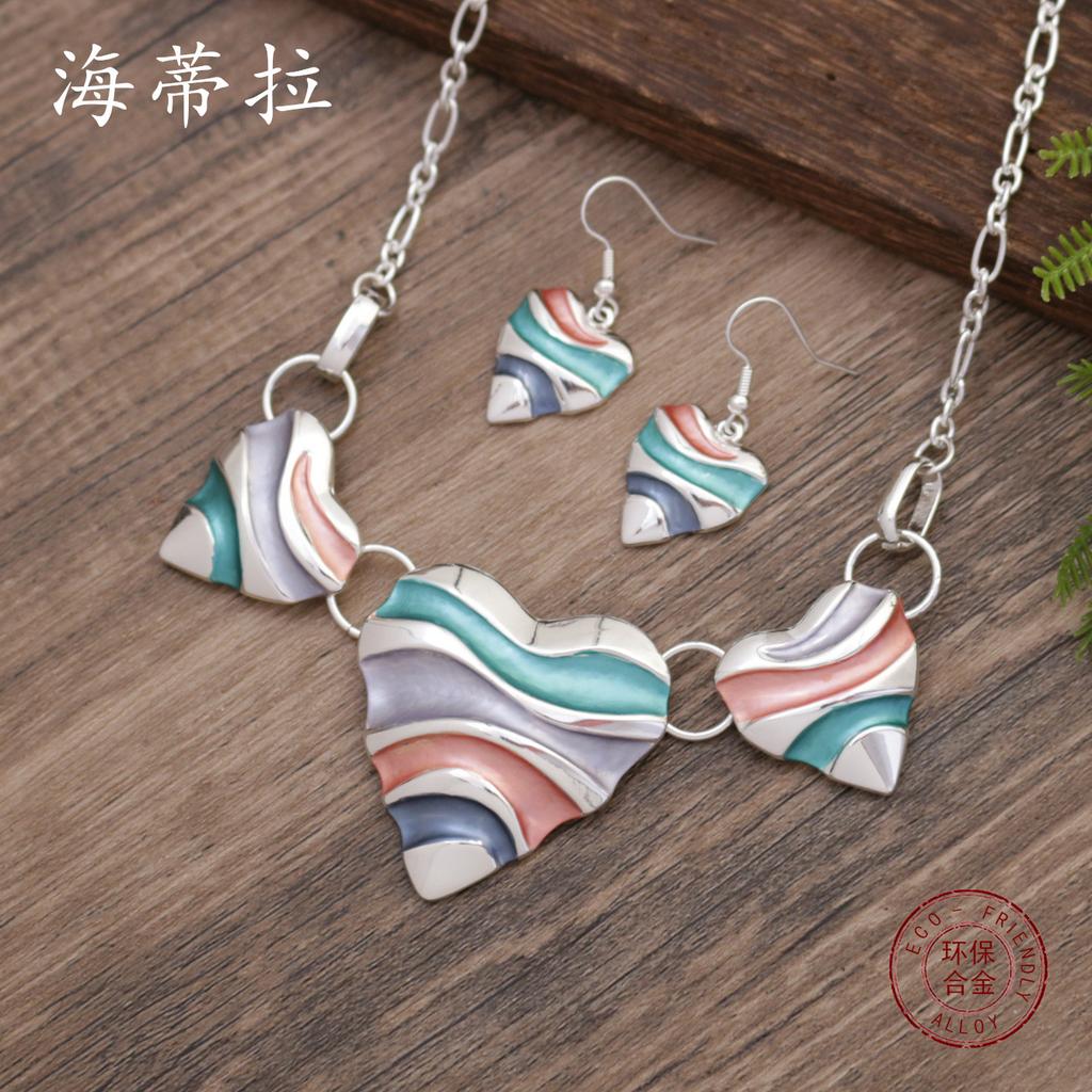 New enamel corrugated love earrings necklace set, women's high-end versatile heart necklace