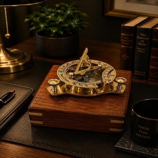 Bussola con Meridiana in Ottone con Scatola in Legno Souvenir da Viaggio Regalo Nautico Decorazione da Scrivania Marittima Regalo di Laurea per Lui