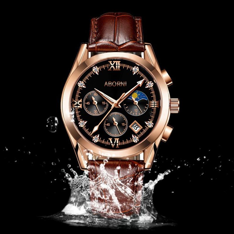 ABORNI Luxus Herren Chronograph Armbanduhr Wasserdicht Leuchtend Herrenuhr Leder Hohe Qualität Sport Herren Quarzuhren