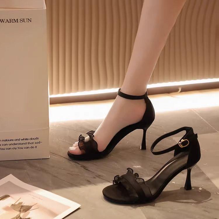 Open-toed Lace Sandals Women's 2025 Summer New Versatile Fine Heel Mesh Yarn with Skirt One-word High Heels