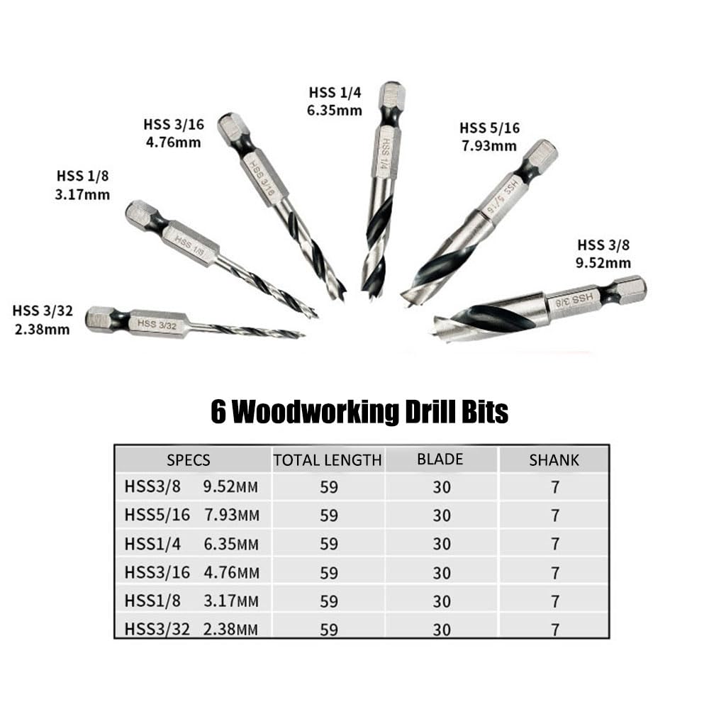 12 Pcs Metal & Wood Drill Bit Combination Set With Quick Change Adapter 1/4 Hex Shank 3/32-3/8 Inch SAE HSS Twist Drill Bits