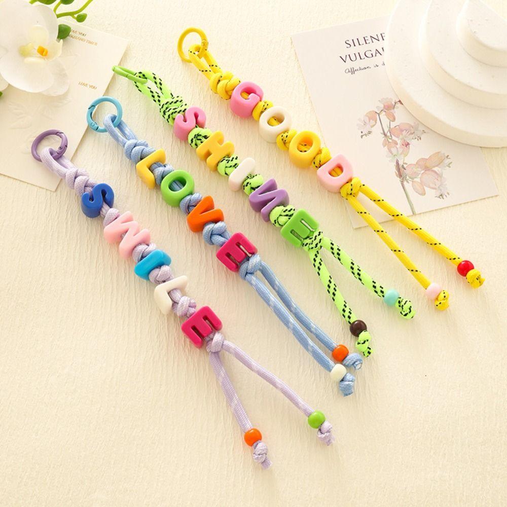 Colorful Acrylic Beads Keychain Lucky Letter Car Keyring Creative Mobile Phone Lanyard  Friend Gift