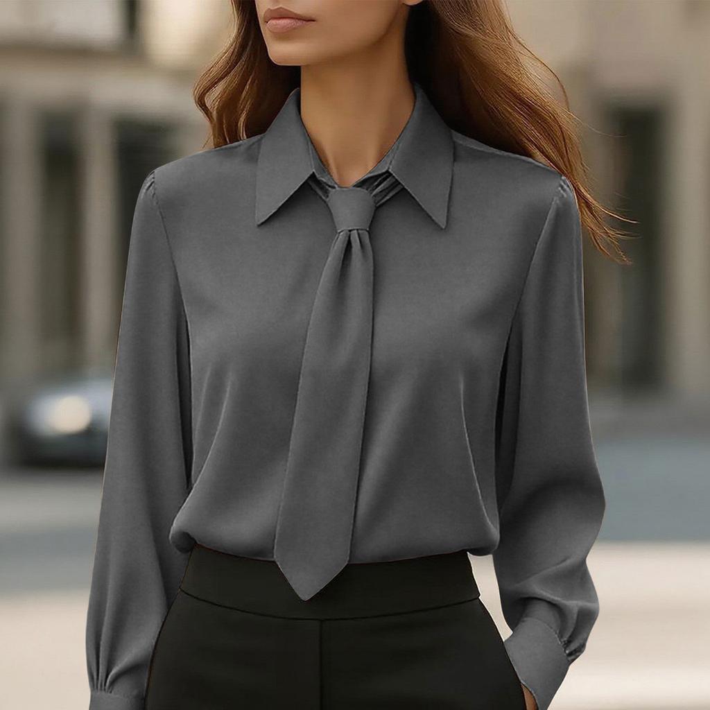 Women's Fashion -Color Button-Down Tie-Front Long-Sleeve Shirt Loose-Fit Top