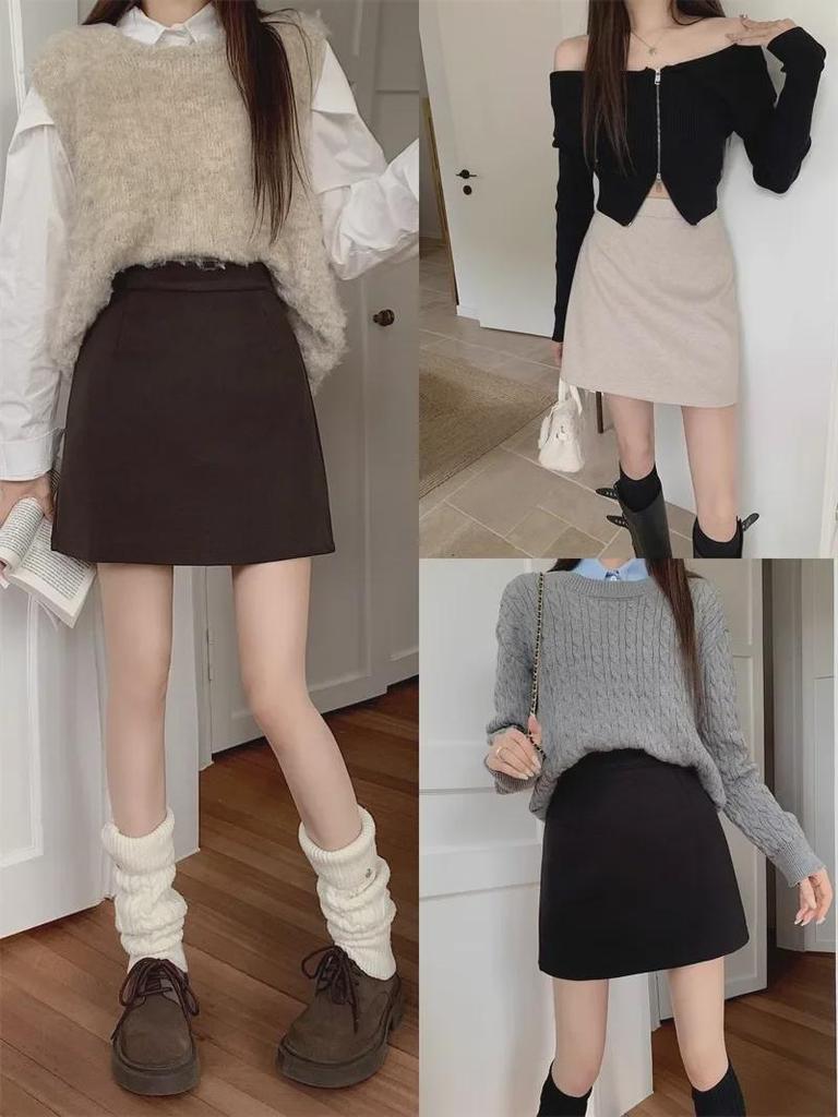 2023 New Korean Style High-Waist Black Woolen A-Line Skirt for Petite Women