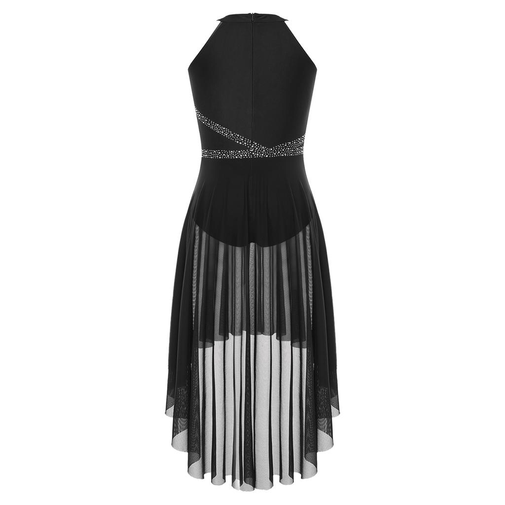 Womens Sleeveless Ruched Dress Asymmetrical Hem Design Sparkly Rhinestones Lyrical Dance Performance Wear