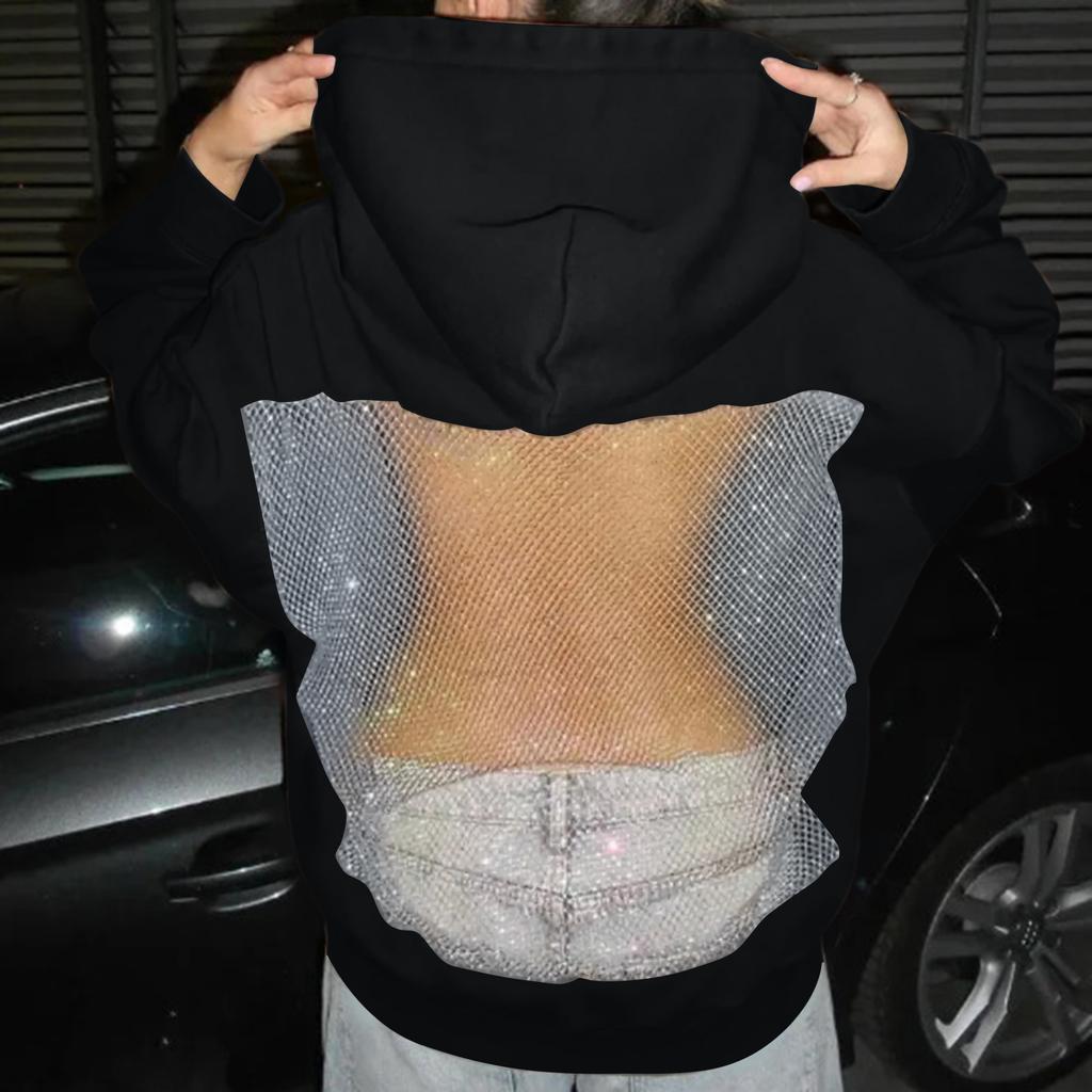 Women's Color Fashionable Backless Hollow Mesh Long Sleeved Hooded Sweatshirt