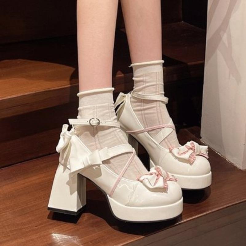 2026 Women High Heels Shoes Woman Chunky Sandals Summer PU Leather Shoes Retro Bow Party Platform Pumps