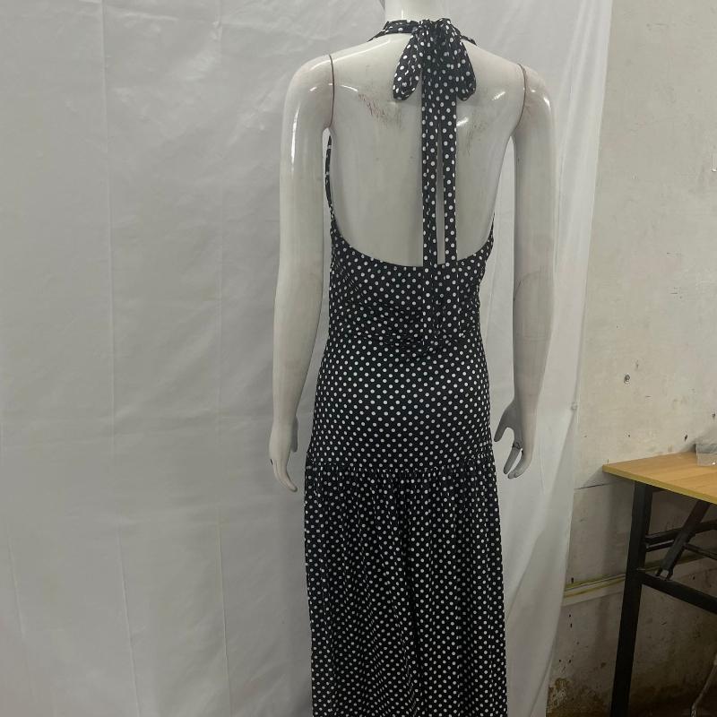 European and American neck hanging polka dot print deep V retro slim fit sexy backless jumpsuit long skirt