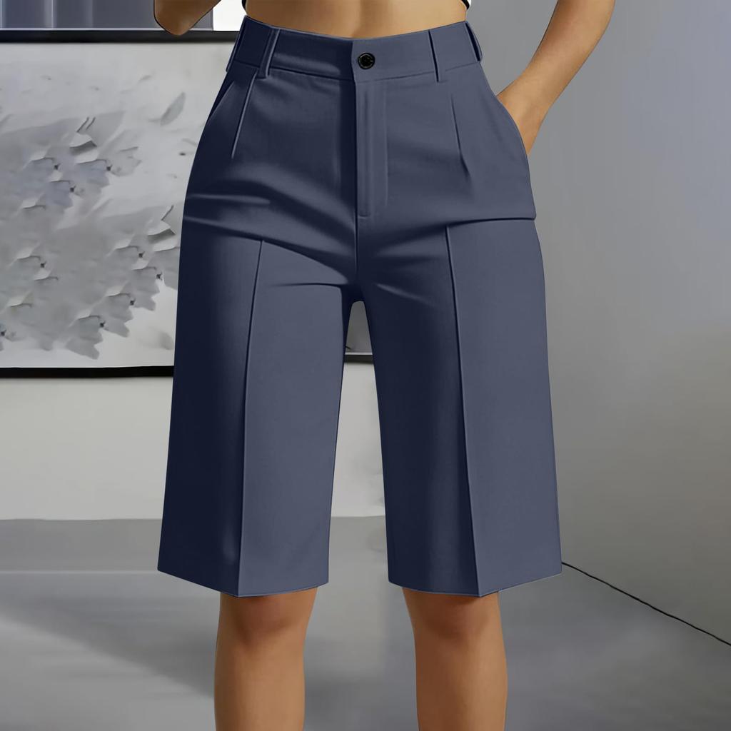 High Waist Straight Leg Bermuda Shorts for Women Casual Tailored Office Style Five Inch Length with Belt Loops and Front Pleats