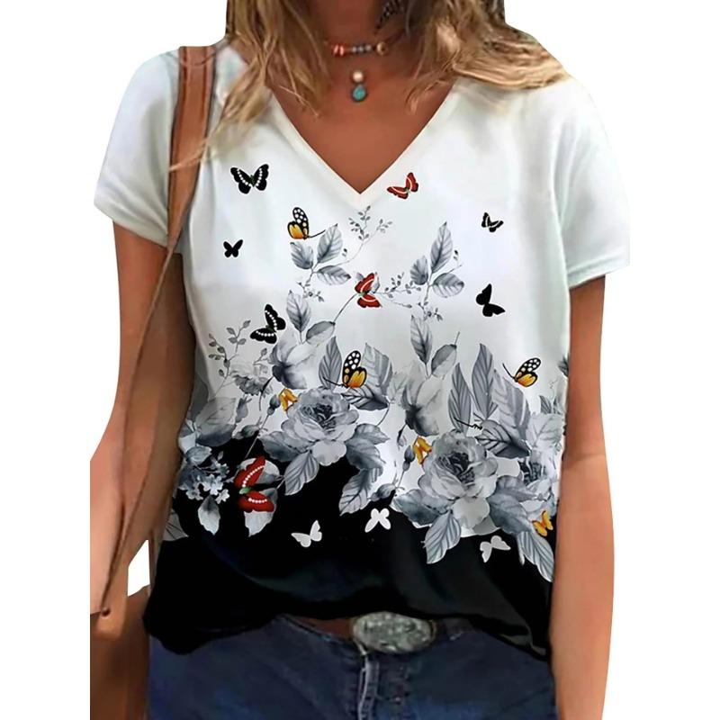Sommer Schmetterling Libelle 3D V-Ausschnitt Bedruckt Neues Damen Top T-Shirt