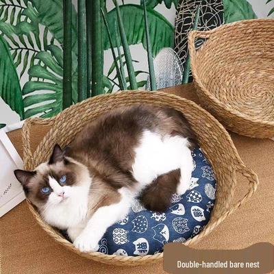 Cama per Gatti Intrecciata con Giunchi: Raffreddamento Estivo Stile Giapponese, Tappetino Raschiatutto, Nido per Animali Domestici per Tutte le Stagioni