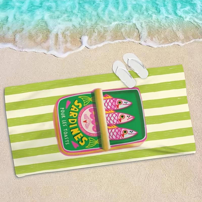 Sardine Can Beach Towel Retro Green Striped Fish Print Quick Dry Microfiber Sandproof French Vintage Gift