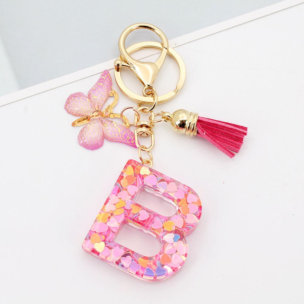 Fashion A-Z Letters Acrylic Keychain for Women Pink Butterfly Tassel Alphabet Car Key Ring Bag Charms Accessories Gift Jewelry