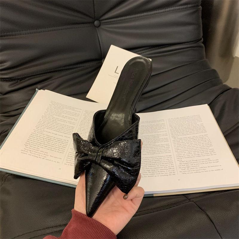 

Fashion New Bowtie Mule Shoes Women Fashion Pointed Toe Stripe Wave Slip-on Sandals Ladies Luxury Satin Silk Outdoor Flat Slippers 35 чёрный