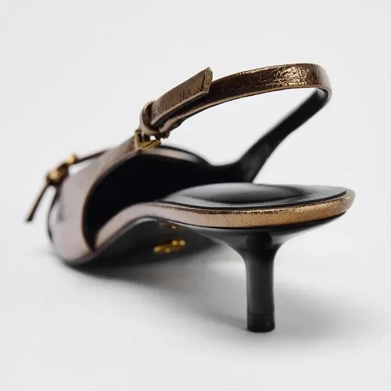 Fashion Elegant Kitten Heel Sandals Women Sexy Pointed Toe Gold Copper Heels Luxury Buckle women Pumps Low Heel Slingback Mules Sandal