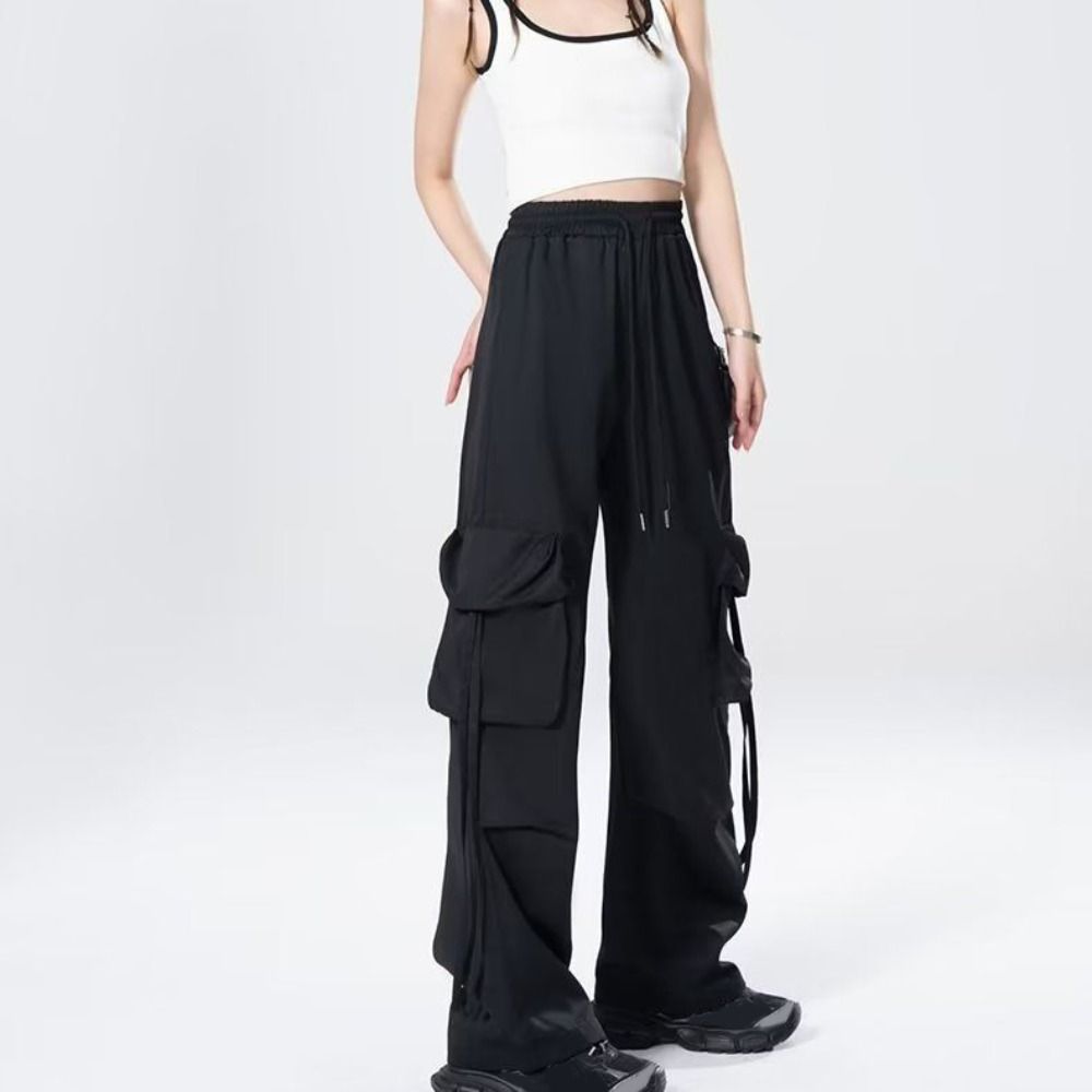 Drawstring Wide Leg Sweatpants Multi-pockets Women Joggers Trousers Baggy Cargo Pants  Sports
