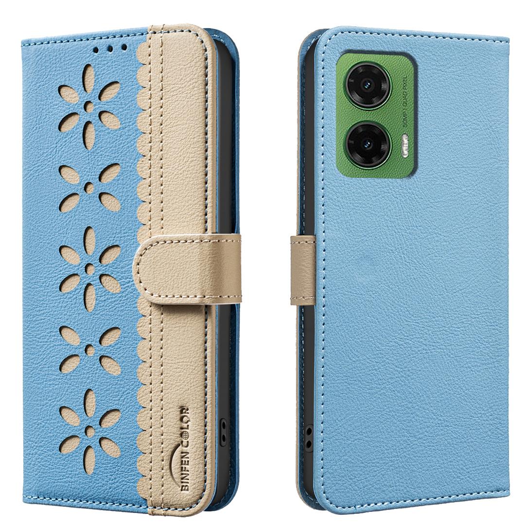 

For Motorola Moto G35 5G Leather Case BINFEN COLOR BF36 Floral Pattern Phone Cover RFID Blocking Wallet Stand Baby Blue