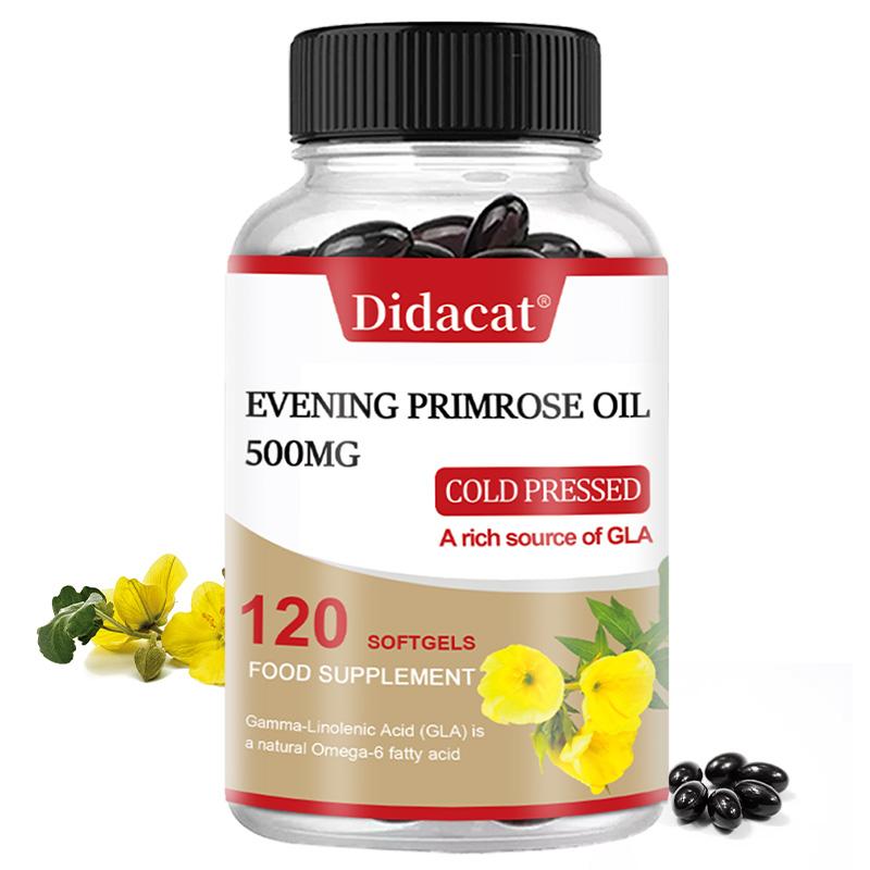 Didacat Evening Primrose Oil 500mg Softgels, Cold Pressed with GLA & Natural Vitamin E, 120 Softgels Food Supplement
