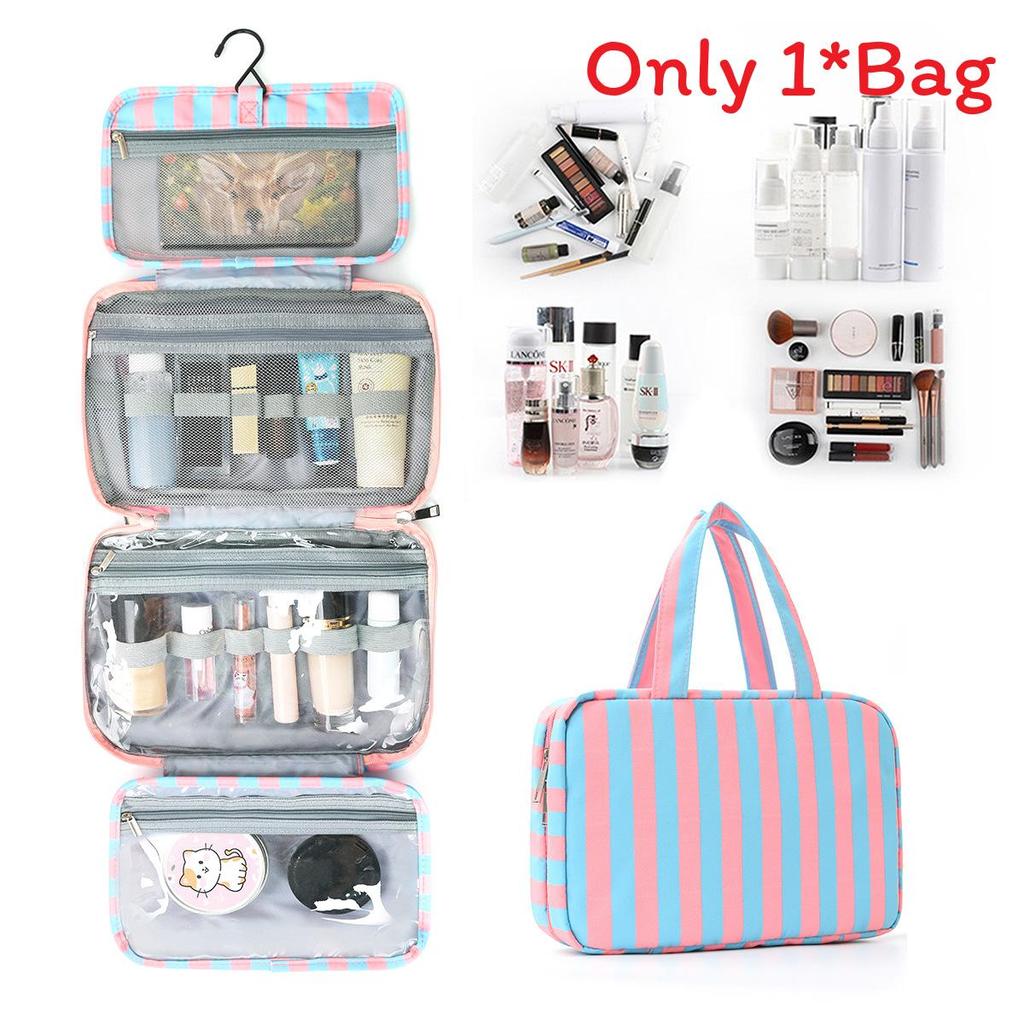 Modern Striped Travel Makeup Bag With Wet And Dry Separation For Cosmetic Storage Blue Pink