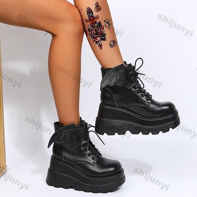 Fashion Women's Fashion Gothic Wedge Ankle Boots Lace Up Platform Ankle Boots Women Autumn Punk Style Non Slip PU Leather Botas Mujer