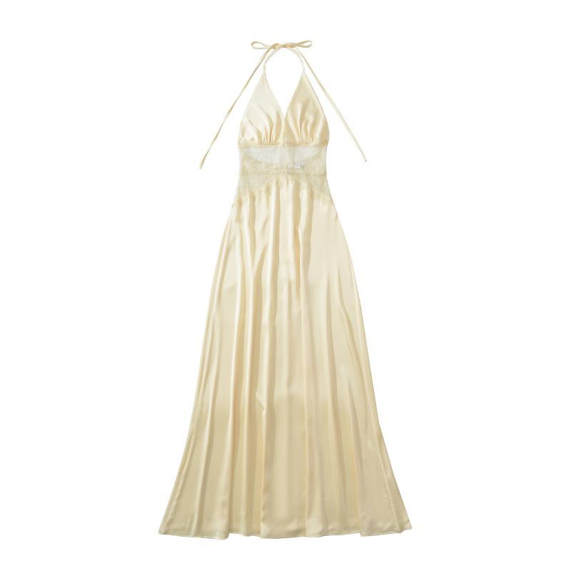 European and American Women's Summer Sexy Backless Halter V-Neck Lace Patchwork Dress