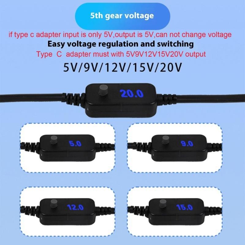 USB C To DC5.5x2.1mm Coiled Power Cable Cord Adjustable Voltages 5V 9V 12V 15V 20V for Fast Charging Devices Black