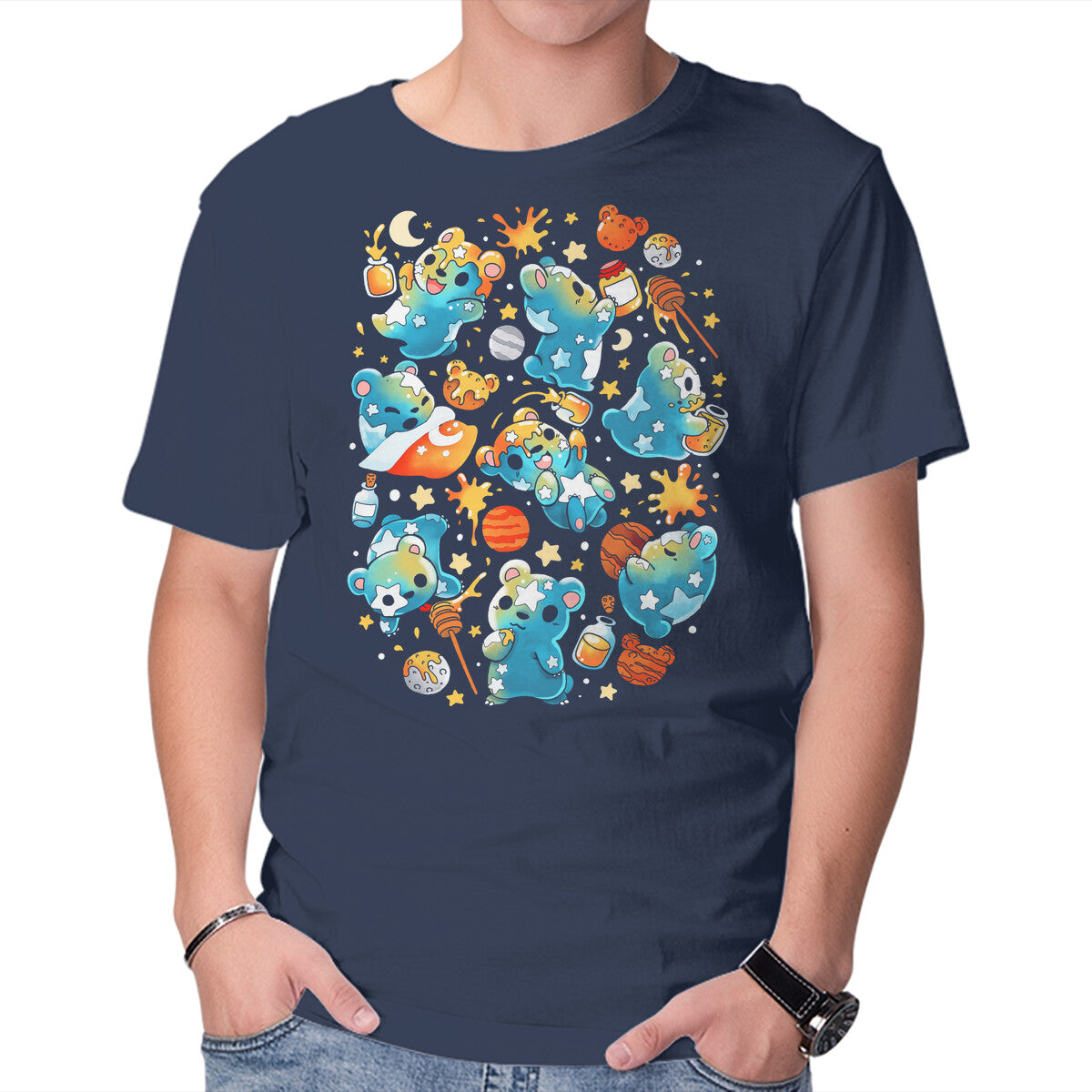 Unisex Crew Neck T-Shirt Bear Stars Graphic Short Sleeve Casual Tee XS