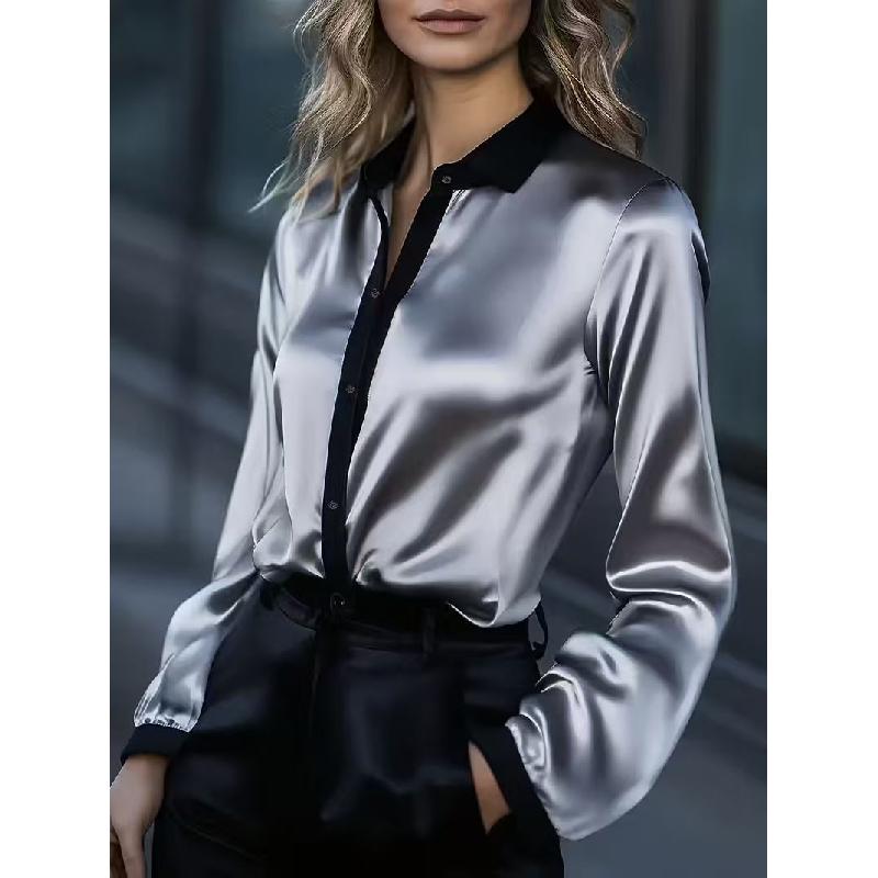 Women's Spring New Style Elegant Commuting Long-Sleeve Shirt Satin Color-Block Blouse