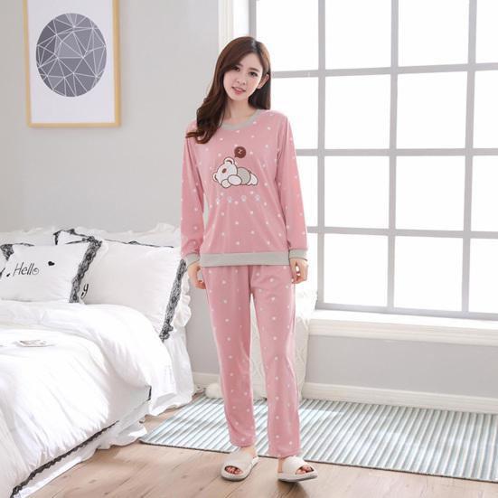 2Pcs/Set Women Long Sleeve Sleepwear Cartoon Anima Pajama Set Long Sleeve Tops Long Pants Casual Sleep Lounge Nightwear