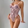 European and American Women’s Sexy Pink Leopard Print Bodysuit, Front Bow Tie Lace-Up Design, Party Nightclub Outfit