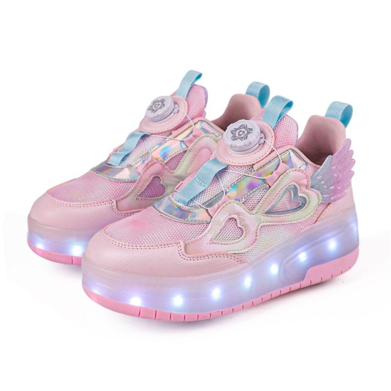 Kid's Lights Sports Shoes Rubbing Shoes Solid Magic Patch Can Charging Double-row Four-wheel Slide Shoes
