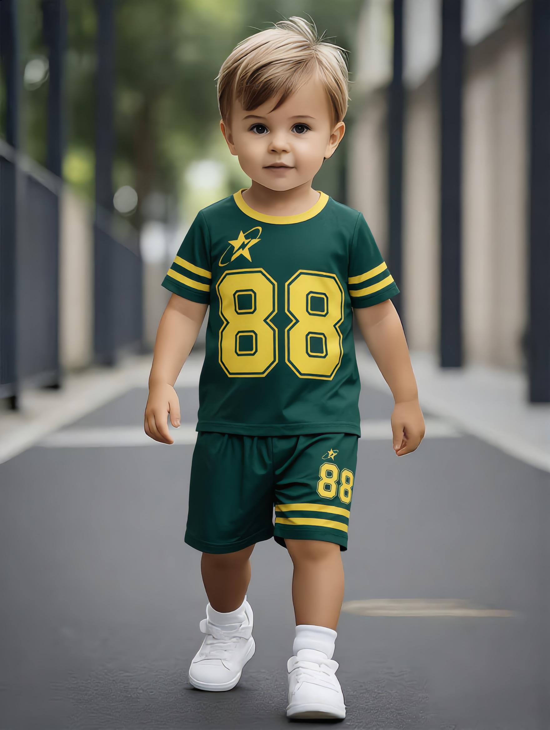 

Toddler Boys Cool 88 Star Print 2-Piece Outfit, Summer Green & Yellow Sporty Clothes for Kids, Perfect for Playwear & Outdoor 1-2Y