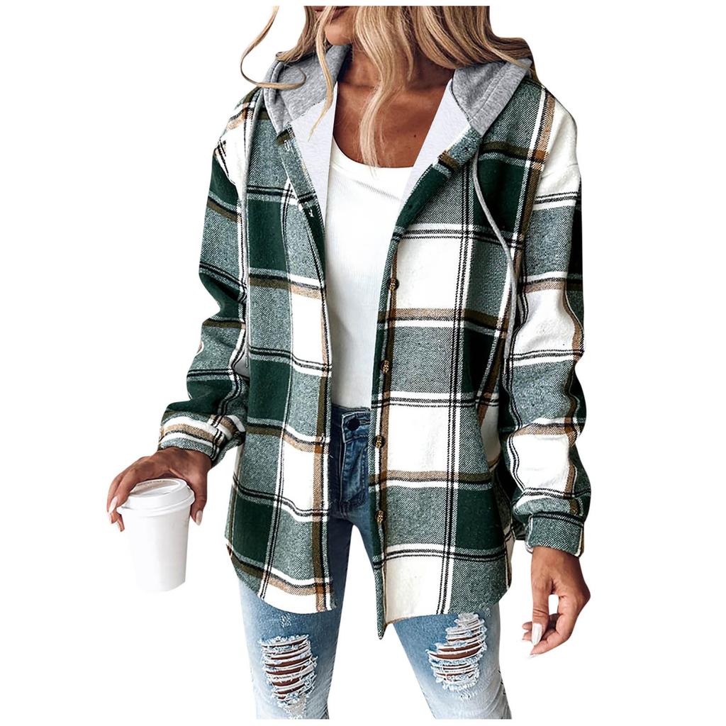 Women S Loose Fit Hooded Long Sleeve Plaid Plush Polyester Coat For Autumn Winter