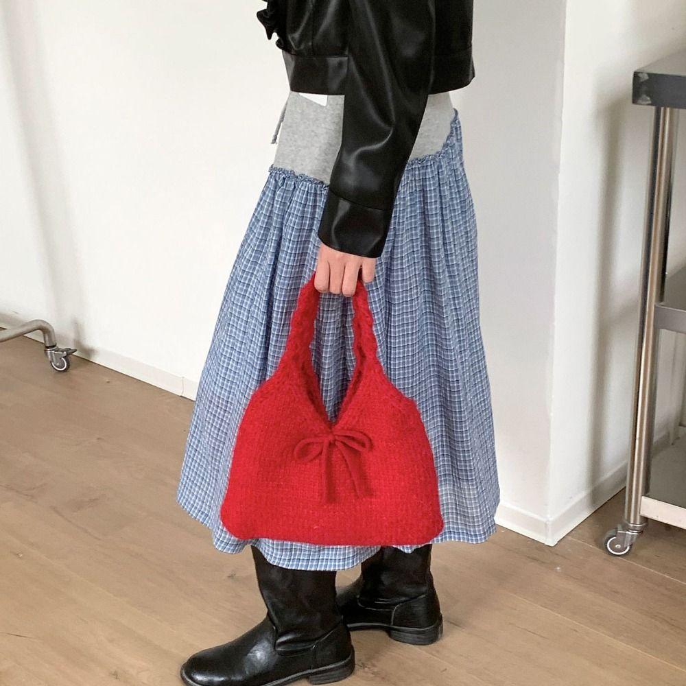 Multicolor Bow Knitted Handbag Soft Knitted Wrist Bag Creative Knit Shoulder Bag Travel
